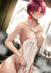  1girl areola_slip bare_shoulders bathing bazett_fraga_mcremitz blush breasts collarbone fate/hollow_ataraxia fate_(series) highres jikihatiman large_breasts looking_at_viewer naked_towel onsen parted_bangs red_eyes red_hair short_hair smile solo steam thighs towel  rating:Questionable score:2 user:danbooru