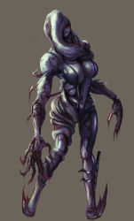  1girl blood breasts claws cleavage female_focus grey_background highres large_breasts monster monster_girl mutant ooze_(resident_evil) rachael_foley resident_evil resident_evil:_revelations spoilers torn_clothes veins veiny_breasts  rating:Questionable score:65 user:danbooru