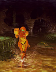  1girl armor cave creature jaquio mecha metroid nintendo power-up power_armor power_suit robot samus_aran solo varia_suit wading water 