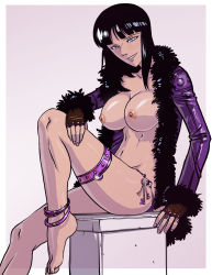 bottomless breasts coat covering_privates fingerless_gloves ganassa gloves highres huge_breasts jewelry key leg_lift naughty_face nico_robin no_bra no_panties one_piece ring sitting smile topless rating:Explicit score:29 user:Furio