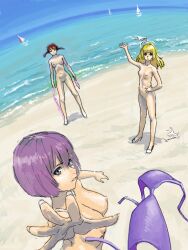  3girls bad_drawr_id bad_id beach bikini blonde_hair blue_eyes boat breasts character_request completely_nude copyright_request day fisheye francine_(daijaemon) from_above long_hair looking_at_viewer medium_breasts multiple_girls nipples nude nudist ocean oekaki outdoors parted_lips perspective pink_bikini purple_bikini purple_hair shore short_hair short_twintails sketch small_breasts standing swimsuit throwing twintails unworn_bikini water watercraft white_bikini white_footwear 