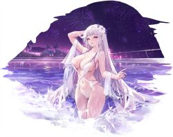  1girl arm_up armpits azur_lane breasts charles_(106858) cleavage fireworks flower grey_hair hair_flower hair_ornament highres large_breasts long_hair looking_at_viewer navel night night_sky non-web_source official_alternate_costume official_art one-piece_swimsuit parted_lips pool purple_eyes skindentation sky smile solo standing swimsuit very_long_hair wading water wet white_one-piece_swimsuit yorck_(azur_lane) yorck_(late-night_companion)_(azur_lane)  rating:Sensitive score:13 user:danbooru