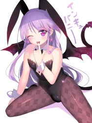  00s 1boy ;p animal_ears argyle argyle_clothes argyle_legwear bare_shoulders blush bow bowtie bulge crossdressing demon_boy demon_tail demon_wings detached_collar earrings fake_animal_ears finger_to_mouth happiness! heart heart_earrings jewelry kashiwamochi_yomogi leotard long_hair looking_at_viewer male_focus male_playboy_bunny one_eye_closed pantyhose patterned_legwear playboy_bunny purple_eyes purple_hair rabbit_ears simple_background smile solo tail tongue tongue_out trap very_long_hair watarase_jun white_background wings wink wrist_cuffs  rating:Sensitive score:88 user:danbooru