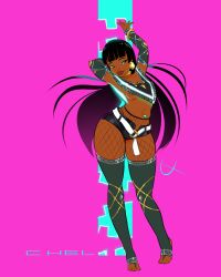  absurdres areola_slip bellybutton_piercing black_hair breasts brown_eyes chel_(the_road_to_el_dorado) cyberpunk dark_skin eyeshadow feet fishnets gold highres jewelry makeup moonxel native_american short_shorts shorts silver_trim small_breasts straight_bangs the_road_to_el_dorado thick_thighs thighhighs thighs thong toes  rating:Questionable score:17 user:moonXel