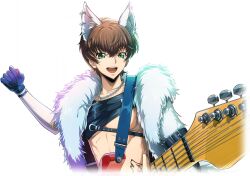 1boy animal_ears artist_request black_gloves black_shirt brown_hair chain chain_necklace coat code_geass code_geass:_lost_stories collarbone crop_top cropped_torso earrings fur_coat game_cg gloves green_eyes guitar hair_between_eyes hand_up happy holding holding_guitar holding_instrument holding_plectrum instrument jewelry kururugi_suzaku long_sleeves looking_at_viewer male_focus multiple_earrings music necklace non-web_source official_art open_clothes open_coat open_mouth pectorals playing_instrument plectrum shirt short_hair sidelocks simple_background single_sleeve smile solo standing stomach_tattoo stud_earrings sweat tattoo teeth toned transparent_background upper_body white_coat wolf_boy wolf_ears