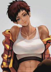  1girl abs artist_name blue_eyes breasts brown_hair collarbone commentary dark-skinned_female dark_skin drawstring earrings english_commentary eyelashes grey_background head_tilt highres hood hood_down hoodie jewelry large_breasts light_smile looking_at_viewer magion02 midriff mole mole_under_mouth off_shoulder one-punch_man open_clothes open_hoodie orange_hoodie pink_lips pixie_cut short_hair solo sports_bra star_(symbol) star_earrings suiko_(one-punch_man) tomboy upper_body watermark web_address white_sports_bra  rating:Sensitive score:139 user:danbooru