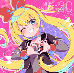  1girl anniversary black_jacket blonde_hair blue_eyes blush bow choker collarbone commentary_request detached_sleeves dokidoki!_precure fur-trimmed_sleeves fur_trim grey_shirt grey_sleeves grin hair_between_eyes hair_bow hairband heart heart_hands jacket kuune_rin long_hair looking_at_viewer multicolored_hair one_eye_closed open_clothes open_jacket pink_background precure purple_hair red_bow red_hairband regina_(dokidoki!_precure) shirt short_sleeves signature smile solo two-tone_hair upper_body very_long_hair 