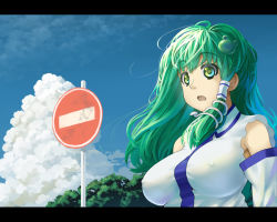 1girl :o bare_shoulders blue_sky breasts cloud day detached_sleeves covered_erect_nipples female_focus frog green_eyes green_hair hair_ornament kochiya_sanae kuro_oolong large_breasts letterboxed long_hair matching_hair/eyes open_mouth outdoors sign sky snake solo touhou upper_body rating:Sensitive score:6 user:danbooru