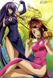 00s 10s 2girls :d antenna_hair arm_up armpits bachou_mouki bamboo_steamer baozi blue_eyes blush breasts brown_hair china_dress chinese_clothes cleavage cleavage_cutout clothing_cutout dragon dress elbow_gloves food gloves gotou_junji hair_ornament hair_over_one_eye hairclip high_ponytail ikkitousen ikkitousen_xtreme_xecutor impossible_clothes impossible_dress kan&#039;u_unchou large_breasts legs long_hair megami_magazine multiple_girls no_panties official_art open_mouth polearm ponytail purple_hair resize scan scrunchie shoes sitting smile standing turtleneck very_long_hair weapon yellow_eyes rating:Sensitive score:45 user:danbooru