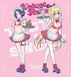  2girls alternate_hairstyle apron arm_garter bare_shoulders bikini bikini_top_only black_hair blonde_hair blush bow bowtie breasts burger carhop cherry cleavage closed_mouth collar cream_soda crossed_legs detached_collar dot_nose drinking_straw flat_chest food frilled_apron frills fruit full_body futou_ryouko garter_straps gloves hair_between_eyes hair_ornament hairclip hand_on_own_hip hand_up highres holding holding_tray idolmaster idolmaster_cinderella_girls idolmaster_cinderella_girls_starlight_stage kurosaki_chitose large_breasts leaning_forward long_hair looking_at_viewer mini_flag miniskirt multiple_girls name_tag navel one_eye_closed pink_background purple_eyes red_bikini red_bow red_bowtie red_eyes red_footwear red_skirt roller_skates shirayuki_chiyo short_hair single_garter_strap skates skirt smile socks striped_bikini striped_clothes striped_skirt swept_bangs swimsuit thighhighs tray velvet_rose_(idolmaster) vertical-striped_bikini vertical-striped_clothes vertical-striped_skirt very_long_hair white_apron white_collar white_gloves white_headdress white_socks white_thighhighs zettai_ryouiki 