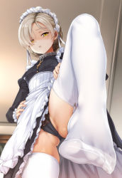 1girl apron azur_lane black_dress black_panties blonde_hair cameltoe chain choker cleft_of_venus collar cross disgust dress feet foot_focus frilled_dress frilled_panties frilled_sleeves frills from_below garter_straps gesugao gluteal_fold hair_over_one_eye half-closed_eyes hand_on_own_hip highres indoors ipuu_(el-ane_koubou) juliet_sleeves lace lace_panties leg_up long_sleeves looking_at_viewer looking_down maid maid_headdress no_shoes panties parted_lips partially_visible_vulva puffy_sleeves see-through shaded_face sheffield_(azur_lane) short_hair skindentation solo standing standing_on_one_leg thighhighs thighs toes underwear upskirt white_apron white_thighhighs yellow_eyes rating:Questionable score:143 user:creck