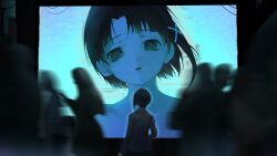  ame_(amelovelio) bare_shoulders commentary crowd dual_persona hair_ornament highres iwakura_lain jacket looking_at_viewer monitor outdoors serial_experiments_lain short_hair x_hair_ornament 