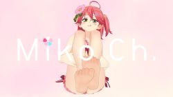  1girl 3d :p ahoge bare_shoulders bikini blush collarbone feet flower foot_focus green_eyes hair_flower hair_ornament hairclip highres hololive knees legs legs_up looking_at_viewer official_alternate_costume official_art one_side_up pink_background pink_bikini pink_hair sakura_miko sakura_miko_(hololive_summer_2019) solo straight-on swimsuit tongue tongue_out virtual_youtuber youtube_username  rating:Sensitive score:8 user:danbooru