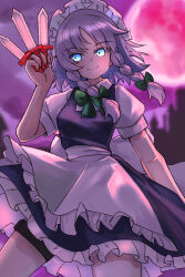  1girl apron between_fingers blue_eyes bow bowtie braid closed_mouth full_moon green_bow green_bowtie grey_hair hair_bow highres holding holding_knife izayoi_sakuya knife knives_between_fingers long_hair looking_at_viewer maid maid_apron maid_headdress moon red_moon short_sleeves smile solo thigh_strap touhou twin_braids waist_apron white_apron yuuka_(a0240765) 