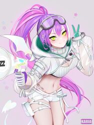  1girl artist_name badge bandeau blush breasts buckle button_badge demon_hood demon_tail ear_piercing gloves goggles goggles_on_head gradient_background green_eyes hair_ornament highres hip_tattoo holding holding_megaphone hololive hooded_shrug karia long_hair long_sleeves looking_at_viewer medium_breasts megaphone melting_tail multicolored_hair navel navel_piercing piercing pink_hair ponytail purple_hair ribbed_bandeau roller_skates see-through see-through_sleeves short_shorts shorts skates smile snap-fit_buckle snow_goggles solo star_(symbol) strap strapless streaked_hair tail tokoyami_towa tokoyami_towa_(5th_costume) tube_top two-sided_gloves v virtual_youtuber white_background white_bandeau white_gloves white_hair white_shorts white_shrug white_tail white_tube_top winged_heart_tattoo wings 