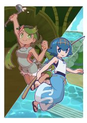 2girls arm_up bare_arms bear_ringer blue_eyes blue_hair blue_pants bright_pupils clenched_hand closed_mouth commentary creatures_(company) eyelashes fishing_rod flip-flops flower game_freak green_eyes green_footwear green_hair hair_flower hair_ornament hairband highres holding holding_fishing_rod holding_ladle ladle lana_(pokemon) light_blush long_hair looking_at_viewer mallow_(pokemon) multiple_girls nintendo one-piece_swimsuit overalls pants pokemon pokemon_sm sailor_collar sandals shirt shoes short_hair sleeveless sleeveless_shirt smile swept_bangs swimsuit swimsuit_under_clothes tongue tongue_out trial_captain twintails water yellow_hairband rating:Sensitive score:21 user:danbooru