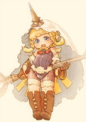10s 1girl :d bare_shoulders bike_shorts black_gloves blonde_hair blue_eyes blush boots braid bridal_veil brown_footwear detached_sleeves feral_lemma filasopila flat_chest full_body gloves granblue_fantasy harvin holding horns lace leotard long_sleeves looking_at_viewer no_nose open_mouth pointy_ears quad_braids short_hair single_horn smile solo staff veil wide_sleeves rating:Sensitive score:30 user:danbooru