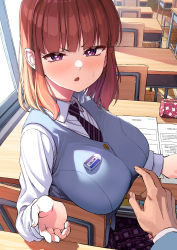 1boy 1girl :o absurdres blunt_bangs blush breasts chair chinese_commentary classroom collared_shirt eraser highres indoors ishizaka_ryuudai large_breasts long_sleeves looking_at_viewer medium_hair necktie open_mouth original outstretched_hand paper pencil_case pink_eyes pov pov_hands red_hair school shirt sitting striped_necktie sweat upper_body v-shaped_eyebrows vest white_shirt white_sleeves window rating:Sensitive score:49 user:danbooru