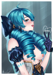 1girl absurdres ahoge black_bow black_dress black_gloves blush border bow breasts bwcloud commentary_request detached_sleeves dress drill_hair gloves glowing green_hair grey_background grey_dress gwen_(league_of_legends) hair_bow hair_over_shoulder heart highres league_of_legends long_hair looking_at_viewer medium_breasts nipples puffy_short_sleeves puffy_sleeves shiny_clothes short_sleeves sideways_glance signature solo tongue tongue_out twin_drills upper_body v white_border rating:Questionable score:18 user:danbooru
