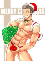  1boy abs bell box brown_hair bulge choker christmas hat holly male_focus muscular pectorals pixiv_sample resized santa_costume santa_hat solo tagme underwear vest white_background  rating:Questionable score:12 user:gandalf359