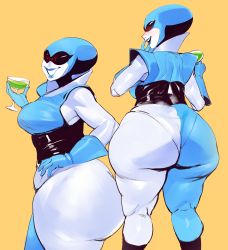 absurdres ass bambooale breasts deltarune from_behind glass highres huge_ass large_breasts looking_at_viewer looking_back pantylines plump queen_(deltarune) thick_thighs thighs wide_hips  rating:Questionable score:54 user:25821290