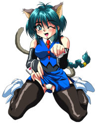  1girl animal_ears aqua_eyes black_thighhighs blue_eyes blush braid bridal_gauntlets cat_ears cat_tail clothes_lift eyeball_(artist) fangs full_body gluteal_fold hyper_police long_hair looking_at_viewer low-tied_long_hair necktie one_eye_closed open_mouth panties sasahara_natsuki_(hyper_police) side_slit simple_background single_braid sitting skirt skirt_lift solo tail thighhighs underwear wariza white_background white_footwear white_panties wings wrist_cuffs 