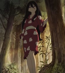  black_eyes black_hair dororo_(tezuka) floral_print highres japanese_clothes kimono mio_(dororo) red_kimono stitched third-party_edit tree tree_shade  rating:Sensitive score:25 user:yhunata