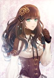 1girl 666 aqua_eyes ascot brown_gloves brown_hair cardia_beckford code:realize gear_hair_ornament gloves hairband hand_up long_hair looking_at_viewer parted_lips solo t0d0a upper_body rating:Sensitive score:7 user:danbooru