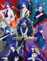 6+boys akujiki_musume_conchita_(vocaloid) akutoku_no_judgement_(vocaloid) alcohol apple apron ascot black_footwear blonde_hair blood blood_stain blue_eyes blue_hair blue_kimono blue_neckerchief blue_necktie blue_ribbon blue_scarf blue_sky boots bottle branch bubble_background burning candle candlestand card chaban_capriccio_(vocaloid) chef cleaning clock clock_tower clogs cloud coin commentary_request creator_connection crescent_moon crossdressing cup cutlery dagger drinking_glass enbizaka_no_shitateya_(vocaloid) epaulettes evil_grin evil_smile evillious_nendaiki film_border film_strip fire flask flower food forest frown fruit gavel gears grin hand_on_own_chest heartbeat_clocktower_(vocaloid) high_collar highres holding holding_knife holding_sword holding_weapon japanese_clothes judge kaito_(vocaloid) kimono knife male_focus money moon moonlit_bear_(vocaloid) multiple_boys multiple_persona nature neck_ribbon neckerchief necktie nemurase_hime_kara_no_okurimono_(vocaloid) night night_sky open_clothes open_collar open_shirt outstretched_hand pants petals playing_card poison red_flower red_rose ribbon rose scarf shinon_no_tokeitou_(vocaloid) shirt silhouette sky sleeveless sleeveless_blazer sleeveless_jacket smile songover star_(sky) starry_sky suspenders sword teito_(teito10) thigh_boots thighhighs tower venomania_kou_no_kyouki_(vocaloid) vocaloid waist_apron weapon welding white_pants wig wine wine_glass rating:Sensitive score:0 user:danbooru