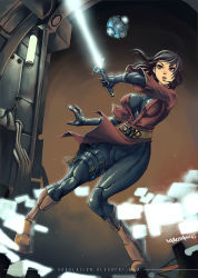 1girl battle black_hair boots breasts energy_sword gloves highres jedi jedi_knight large_breasts lightsaber lips long_hair original paulo_barrios realistic red_eyes robot science_fiction skin_tight solo star_wars sword weapon  rating:Sensitive score:89 user:danbooru