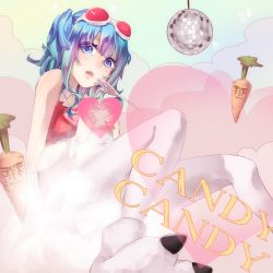  1girl akabino blue_eyes blue_hair candy candy_candy_(song) carrot disco_ball fang food goggles goggles_on_head gumi heart heart_hands highres lollipop looking_at_viewer matching_hair/eyes pantyhose paw_shoes shoes solo song_name two_side_up vocaloid white_pantyhose 