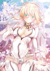  10s 1girl ahoge bad_id bad_pixiv_id belt blonde_hair bodysuit breasts cleavage fate/extra fate/extra_ccc fate_(series) green_eyes large_breasts lock maxwell_manzoku nagomineco nero_claudius_(bride)_(fate) nero_claudius_(fate) nero_claudius_(fate) padlock solo studded_belt veil 