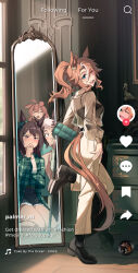  4girls absurdres ahoge animal_ears aqua_eyes ass bag black_footwear blush bow breasts brown_hair brown_pants brown_sweater chest_of_drawers clothing_cutout commentary_request covering_own_mouth ear_bow ear_ornament ears_down english_text fuyukayui green_bag hair_between_eyes handbag heart highres horse_ears horse_girl horse_tail indoors jacket jewelry kneeling long_hair long_sleeves mejiro_bright_(umamusume) mejiro_dober_(umamusume) mejiro_palmer_(umamusume) mejiro_ryan_(umamusume) mirror multiple_girls one_eye_closed open_clothes open_jacket open_mouth pants plaid plaid_jacket ponytail purple_eyes ring see-through see-through_shirt shirt siblings sisters sitting small_breasts smile standing standing_on_one_leg sweater tail tail_through_clothes teeth tiktok umamusume upper_teeth_only waking_up wariza white_shirt 