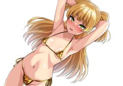  1girl armpits arms_behind_head bikini blonde_hair blunt_bangs blush breasts collarbone commentary_request gold_bikini hadacra idolmaster idolmaster_cinderella_girls jougasaki_rika loli long_hair looking_at_viewer open_mouth side-tie_bikini_bottom simple_background small_breasts solo swimsuit two_side_up white_background  rating:Questionable score:133 user:danbooru