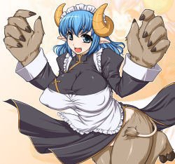  1girl apron bad_id bad_pixiv_id blue_eyes blue_hair breasts chinese_clothes clothes_lift curvy fangs fur futaba_channel hooves horns huge_breasts long_hair maid maid_apron masa_yuki matching_hair/eyes monster_girl nijiura_maids open_mouth pointy_ears puffy_nipples pussy skirt skirt_lift smile solo tail toutetsu yukimasa_(nkk145) 