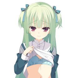  1girl 3: absurdres blue_bra blue_ribbon blunt_bangs blunt_ends blush bra breasts closed_mouth clothes_lift commentary_request eyes_visible_through_hair green_hair green_jacket hair_ribbon hand_up highres hime_cut jacket kaon_zz lifted_by_self long_hair looking_at_viewer murasame_(senren) official_alternate_costume raised_eyebrows red_eyes ribbon school_uniform senren_banka serafuku shirt shirt_lift shy sidelocks simple_background small_breasts solo split_mouth straight-on straight_hair tsurime two_side_up underwear upper_body very_long_hair white_background white_shirt 