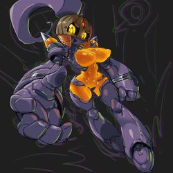  1girl :d android black_sclera breasts colored_sclera colored_skin crotch_plate large_breasts looking_at_viewer monster_girl multicolored_skin navel nipples open_mouth orange_skin original pochincoff pointy_breasts ponytail pumpkin_on_head purple_skin robot smile solo topless two-tone_skin yellow_eyes  rating:Questionable score:22 user:danbooru