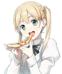 10s 1girl :d beads black_bow black_bowtie bow bowtie colored_eyelashes eating food hair_beads hair_bobbles hair_ornament holding holding_food ibarazaki_emi katawa_shoujo long_hair long_sleeves looking_at_viewer open_mouth pizza pizza_slice shirt simple_background smile solo teeth twintails upper_body weee_(raemz) white_background white_shirt  rating:Sensitive score:21 user:danbooru