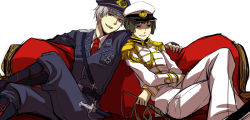 2boys aiguillette axis_powers_hetalia bad_id bad_pixiv_id bishounen boots brown_hair couch cross-laced_footwear crossed_legs epaulettes grey_eyes hat japan_(hetalia) knife lace-up_boots male_focus military military_uniform multiple_boys necktie open_mouth peaked_cap prussia_(hetalia) red_eyes red_upholstery ririvery silver_hair simple_background sitting sketch smile smirk uniform whip 