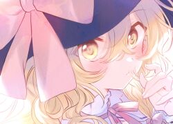  1girl black_hat blonde_hair blush braid commentary hair_between_eyes hat kirisame_marisa long_hair looking_at_viewer poprication portrait single_braid solo symbol-only_commentary touhou witch_hat yellow_eyes 