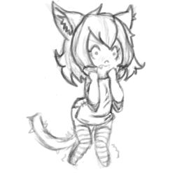  animal_ears breasts cat_ears cat_girl cat_tail chibi fighting_stance loose_clothes lowres nathy petite shaking short_hair small_breasts surprised tail thighhighs thighs  rating:General score:0 user:Nathy