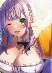  1girl absurdres blush breasts chameleon_(chameleon0613) cleavage collar cup detached_collar dress flower green_eyes grey_hair hair_flower hair_ornament highres holding holding_cup hololive large_breasts long_hair official_alternate_costume one_eye_closed open_mouth shirogane_noel shirogane_noel_(dirndl) smile solo teeth upper_teeth_only virtual_youtuber white_collar white_dress 