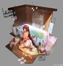  1girl absurdres ankle_ribbon anklet apron armband ass back backless_outfit bare_shoulders barefoot basket bath bathroom bathtub blush breasts bridal_garter cat_hair_ornament ceiling_light character_doll claw_foot_bathtub closed_mouth clothes_hanger dark-skinned_female dark_skin diorama earrings faucet feet full_body girls&#039;_frontline grey_background hair_between_eyes hair_ornament hair_ribbon highres holding holding_shower_head indoors jewelry kneeling lampshade large_breasts leg_ribbon legs light_bulb light_particles lingerie long_hair looking_at_viewer looking_back negligee official_alternate_costume official_alternate_hairstyle official_art on_floor pearl_hair_ornament perspective pink_apron pink_ribbon purple_hair ribbon rug saiga-12_(cleansing_waves_in_shallow_pool)_(girls&#039;_frontline) saiga-12_(girls&#039;_frontline) shelf shower_head sideboob sitting slippers smile soap_dispenser soles solo sparkle sticky_note toes toothbrush towel towel_rack trash_can underwear unworn_slippers very_long_hair washing_machine water weibo_logo weibo_watermark white_armband white_footwear white_negligee white_wrist_cuffs wooden_floor wooden_wall wrist_cuffs yellow_eyes yellow_ribbon yokozuwari yoyo_(550098)  rating:Sensitive score:8 user:danbooru