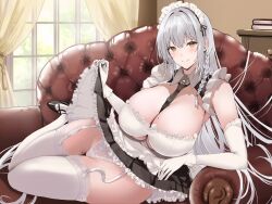  1girl apron between_breasts black_necktie blush breasts cleavage closed_mouth commentary_request couch full_body garter_straps gloves grey_hair highres huge_breasts indoors long_hair looking_at_viewer maid maid_headdress mole mole_on_thigh necktie original panties sitting solo takaharu thighhighs thighs underwear white_apron white_garter_straps white_gloves white_panties white_thighhighs yellow_eyes 