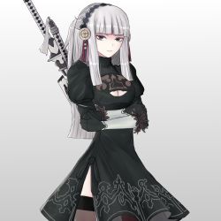  1girl 2b_(nier:automata) 2b_(nier:automata)_(cosplay) absurdres alternate_costume alternate_hair_color back_cutout black_dress black_gloves black_theme black_thighhighs breasts cleavage cleavage_cutout closed_mouth clothing_cutout cosplay covered_eyes cowboy_shot crossed_arms cryopon dress feather-trimmed_sleeves female_focus fire_emblem fire_emblem_fates gloves grey_eyes hair_ornament highres huge_filesize juliet_sleeves katana lips long_hair long_sleeves looking_at_viewer medium_breasts nier:automata nier_(series) nintendo puffy_sleeves rhajat_(fire_emblem) ribbed_dress silver_hair simple_background solo standing sword thighhighs upper_body weapon white_background  rating:Sensitive score:11 user:Corivas