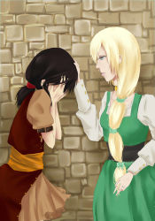  2girls absurdres black_hair blonde_hair blue_eyes breasts choker closed_mouth collarbone covering_face crying dress eyebrows faina_(mirage_noir) grey_eyes hair_over_shoulder hand_on_another&#039;s_head headpat highres jewelry long_hair looking_at_another low-tied_long_hair medium_hair mirage_noir multiple_girls ring sad vienna_(mirage_noir) wall wedding_band 