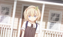  1girl artist_name backpack bad_id bad_pixiv_id bag blonde_hair blouse blue_eyes blurry building depth_of_field door dutch_angle hair_ornament highres house leaf_hair_ornament looking_at_viewer looking_up magicians_(zhkahogigzkh) original outdoors railing shirt short_hair smile solo window  rating:Sensitive score:8 user:danbooru