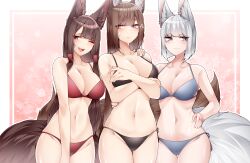  3girls absurdres akagi_(azur_lane) amagi_(azur_lane) animal_ears azur_lane bikini black_bikini black_hair blue_bikini blue_eyes blush breasts brown_eyes brown_hair cleavage closed_mouth collarbone covering_breasts covering_privates fox_girl fox_tail grey_hair hair_tubes hand_on_another&#039;s_shoulder hand_on_own_hip highres kaga_(azur_lane) large_breasts long_hair multiple_girls navel one_eye_closed open_mouth red_bikini samip short_hair side-tie_bikini_bottom sidelocks smile standing sweat swimsuit tail teeth thighhighs upper_teeth_only 