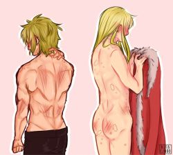  2boys aftersex alfacinho artist_name ass bite_mark blush canute cape clothed_male_nude_male from_behind fur_trim holding holding_clothes legs male_focus multiple_boys nude pants pink_background prince red_cape scratches shiny_skin simple_background standing thighs thorfinn topless_male viking vinland_saga yaoi  rating:Explicit score:17 user:InklingBoy