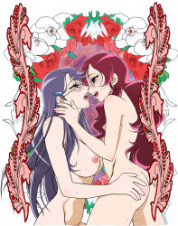  2girls after_kiss art_nouveau ass ass_grab blush breasts commentary_request completely_nude eye_contact flower glasses hairy hanasaki_tsubomi heartcatch_precure! highres large_breasts long_hair looking_at_another multiple_girls nipples nude open_mouth precure purple_eyes purple_hair red_eyes red_flower red_hair sabachiyo_land saliva saliva_trail small_breasts sweat teeth tsukikage_yuri upper_teeth_only white_flower yuri 